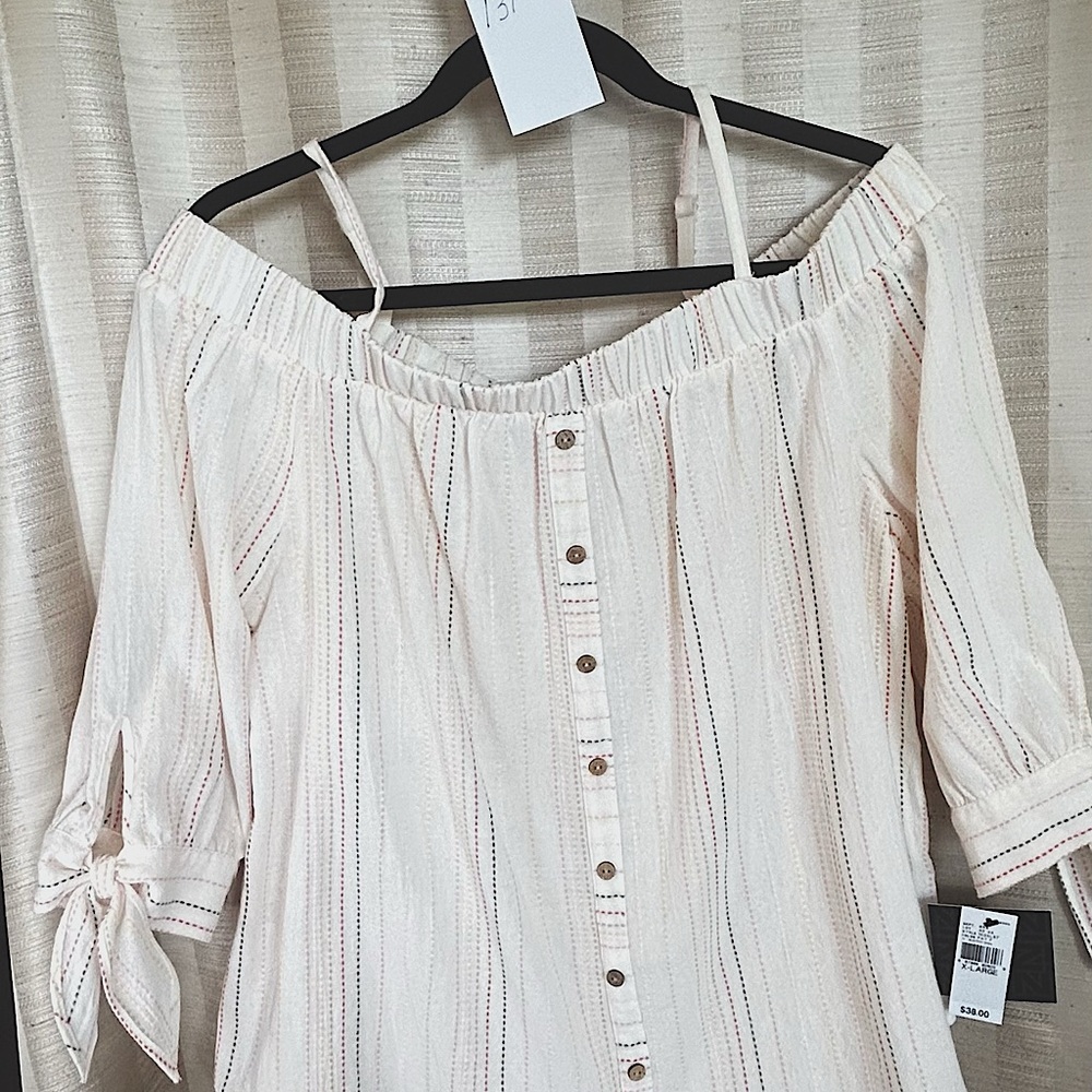 IZ Byer off the shoulder three quarter sleeve top. Multi color stripes. New XL.